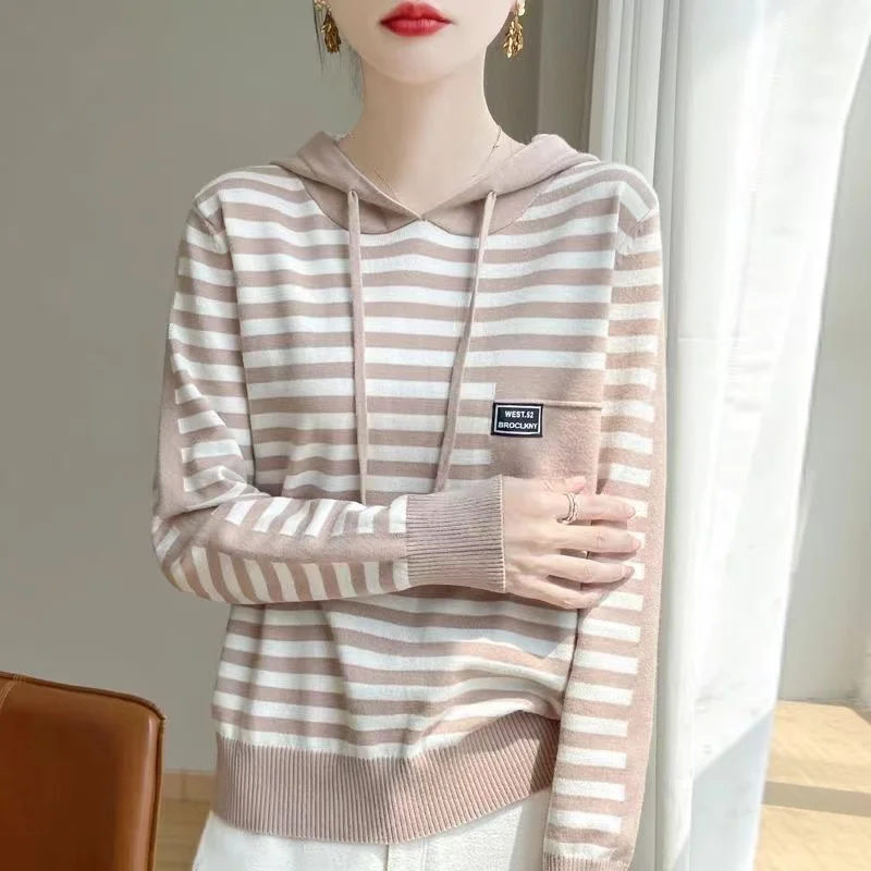 American Hooded Sweatshirt Women's Loose Base 2024 Spring And Autumn New Item Hooded Sweater Casual Jacket Knitted Sweater Top 2
