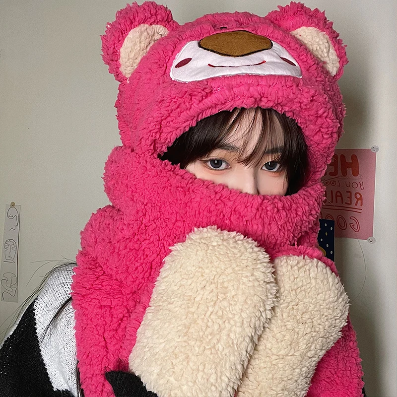 new-strawberry-bear-hat-scarf-all-in-one-fashion-women-winter-warm-thick-pink-plush-oute-scarf-lamb-wool-gloves-three-piece-set