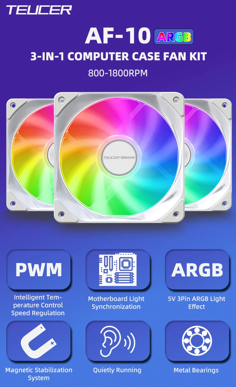 AF-10 RGB Fan 3-in-1 800-1800RPM 4Pin PWM 3Pin ARGB Cooling Fans for PC Case and
