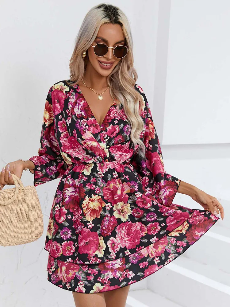

Summer Women's Floral Printed Dress Sexy Deep V Neck Knotted Tiered Elegant Mini Short Swing Skater Summer Dress for Women 2023