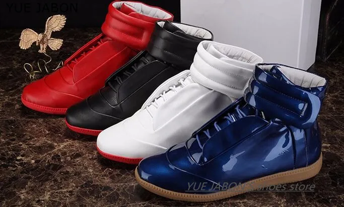 

High Top Spring Men Patchwork Casuals Black White Red Real Leather Casual Sneakers Shoes Hook&Hoop Mixed color Brand Man Flats