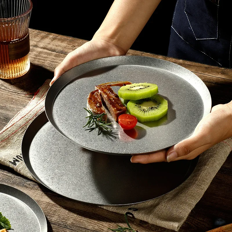 

Stainless Steel Dinners Plates,Retro Metal Round Dinner Dishes for Adults,Dishwasher Safe,Serving Camping Snack Plate for Home
