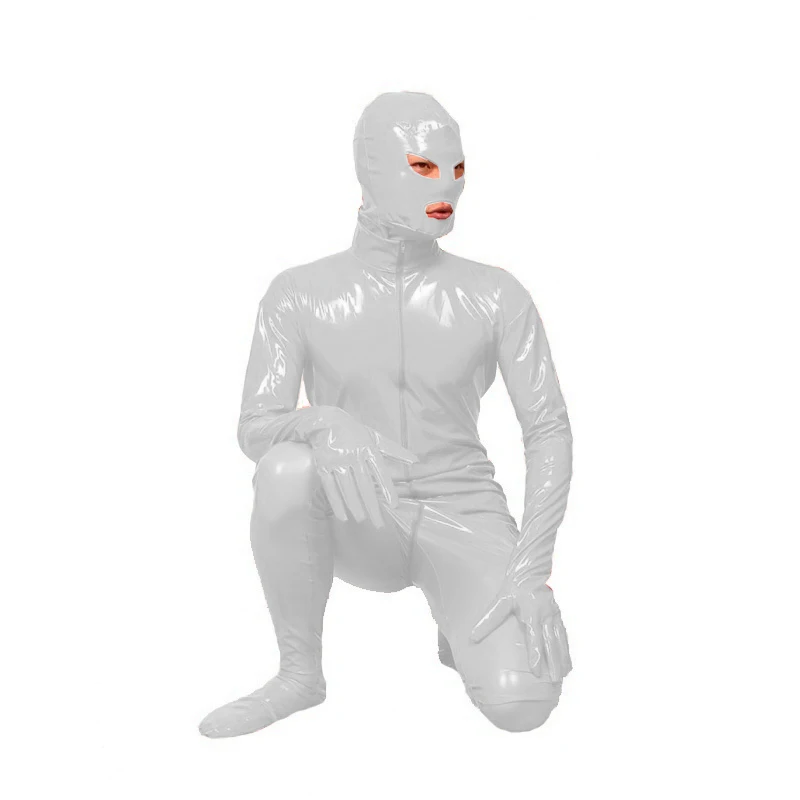 Glossy PVC Leather Zipper Zentai for Men, Masked Cosplay Catsuit, Full Body, Open Eyes, Mouth Jumpsuit, Halloween Costume
