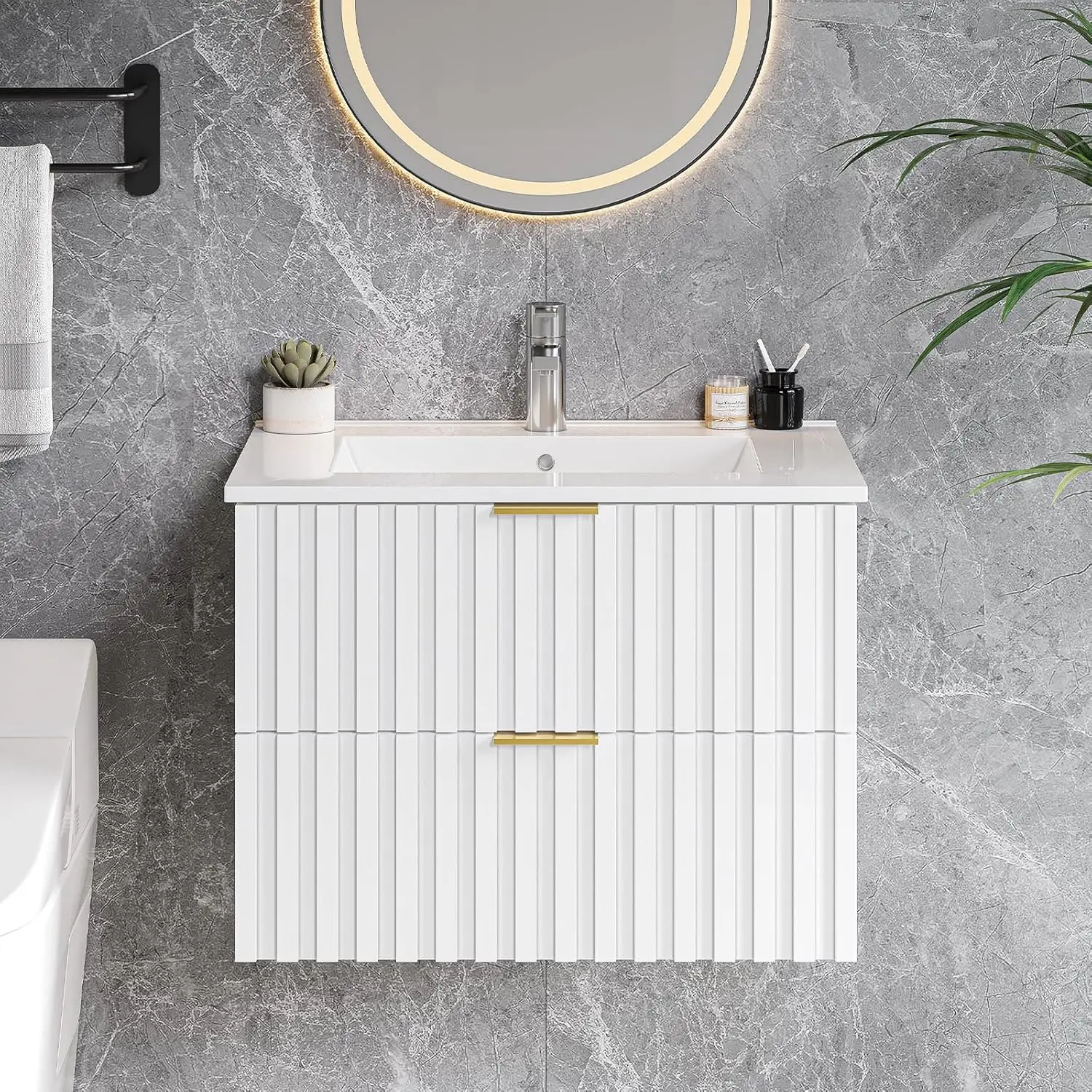 24 Inch Bathroom Vanity with Sink Combo,Floating Bathroom Vanity with 2 Fluted Drawer,Metal Handles, Wall Mount Bathroom Cabinet 3