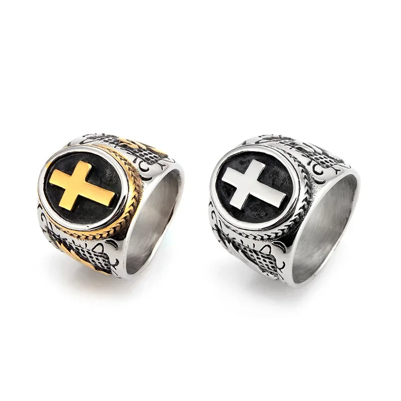 

CHUANGCHENG Trendy Men's Vintage Stainless Steel Cross Punk Domineering Rings Size 7-15