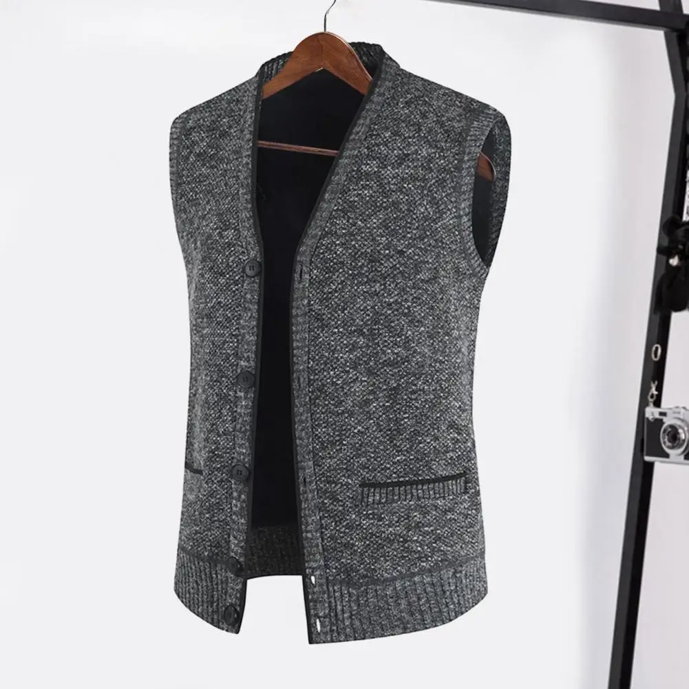 

Single-breasted Men Coat Stylish Men's V-neck Cardigan Vest Slim Fit Soft Knitted Sweater Waistcoat with Pockets for Fall Spring