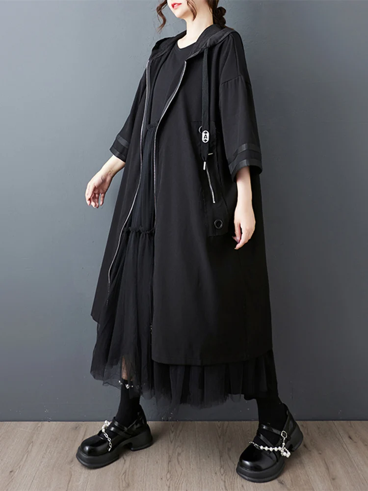 Oversized Hooded Trench Coat For Women Zipper Patchwork Pocket Casual Loose Black Vintage Outerwear Cardigan Spring Autumn 2025