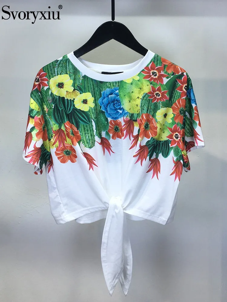 

Svoryxiu Summer Fashion Designer Cactus Flower Print T-Shirts Women's O-Neck Short Sleeve Loose Casual Lace Up Tops