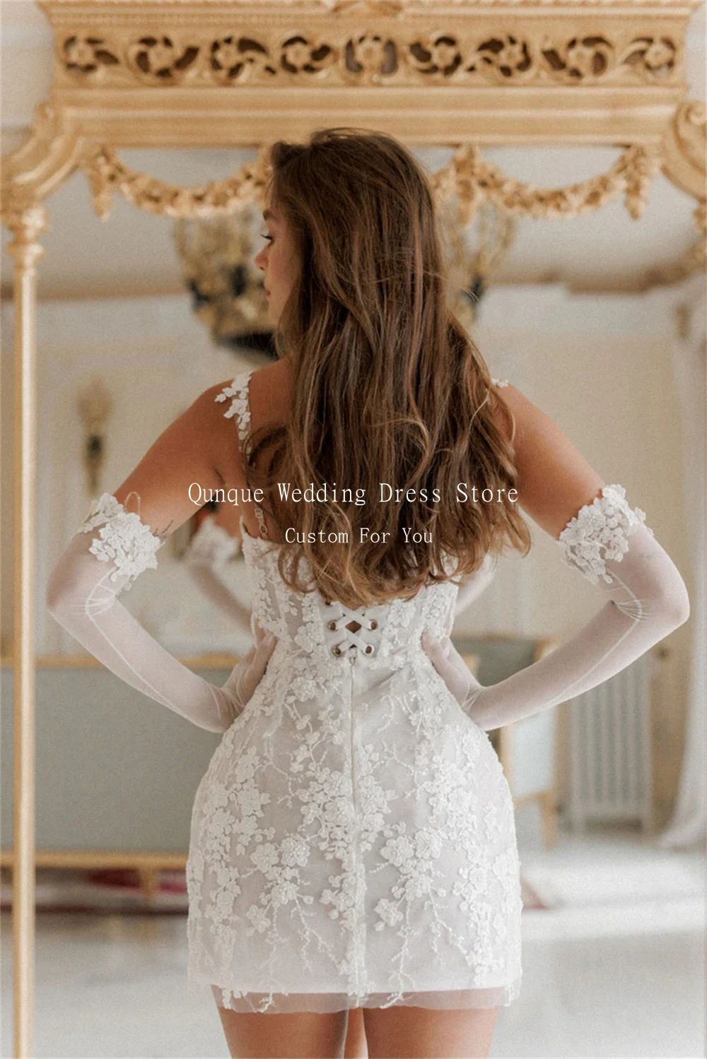 Qunque Chic Tulle Wedding Dress Spaghetti Straps Short Vestidos De Novia Lace Appliques 3D Flowers Robe De Mariée Customized 6
