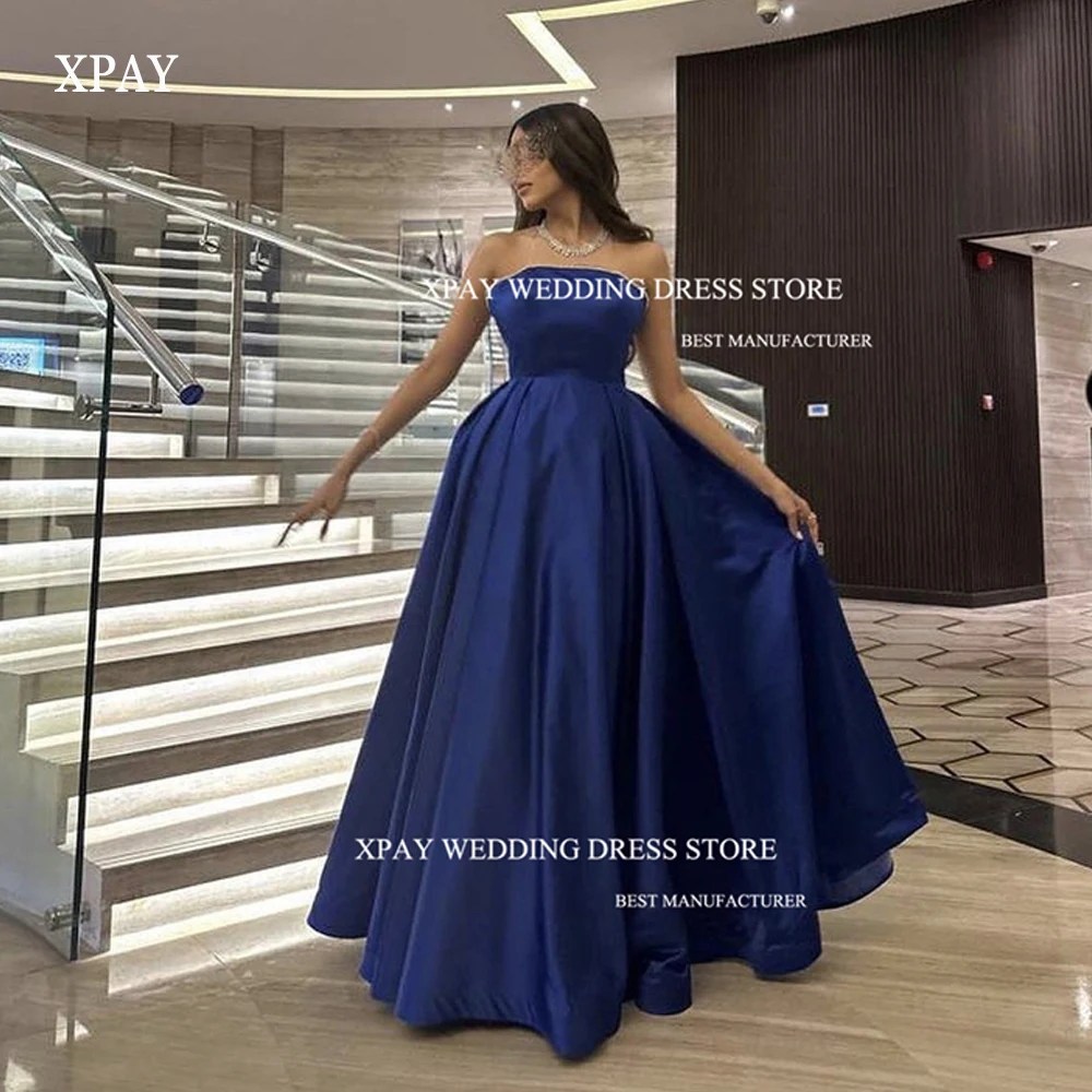 

XPAY New Elegant Army Blue Satin Floor-Length Party Cocktail Dresses Strapless Evening Dresses Sexy Prom gowns