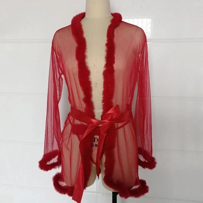 Women Sexy Lingerie Mesh Sheer See Through Sleepwear Robe 3pcs Fur Erotical Set Costume Night Gown Erotic With Briefs Belt
