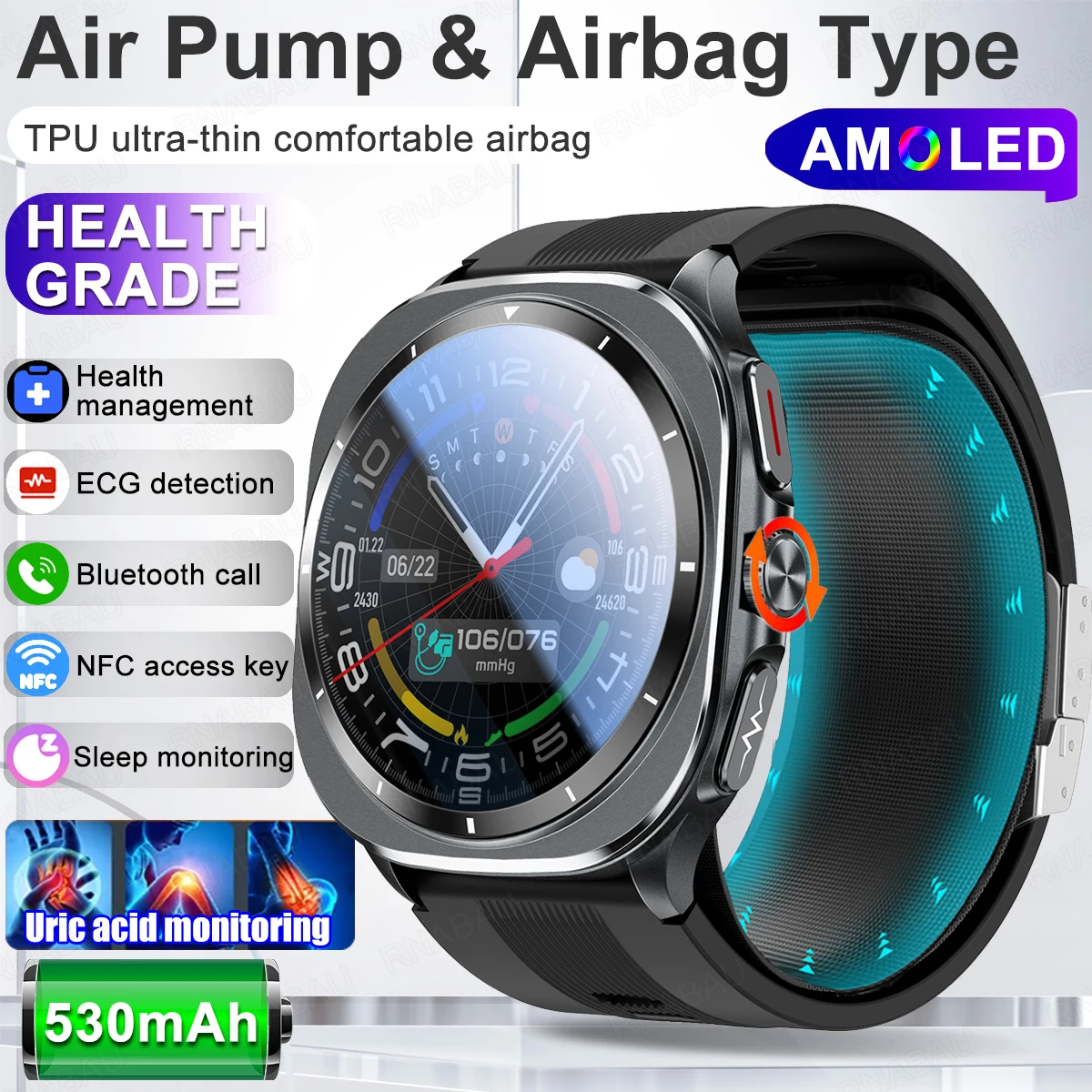 Nouvelle montre connectée 2026 pour homme avec pompe à air Airbag, mesure de la tension artérielle, suivi de la santé, NFC, acide urique, lipides sanguins, appels Bluetooth, étanche 1 Nouvelle montre connectée 2026 pour homme avec pompe à air Airbag, mesure de la tension artérielle, suivi de la santé, NFC, acide urique, lipides sanguins, appels Bluetooth, étanche 1