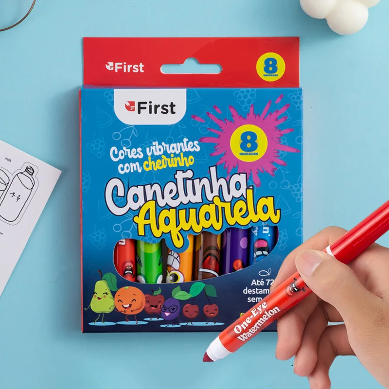 8 색/세트 빨 수있는 마카롱 엉뚱한 향기로운 마커 소프트 팁 과일 아로마 눈 보호 키 마커 펜 쓰기 용품