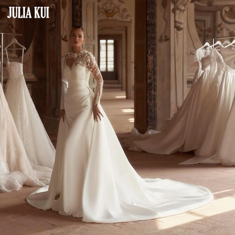 Julia Kui Custom Made 2 In 1 Wedding Dresses Elegance Appliques Lace Pleats Trumpet Beidal Gowns
