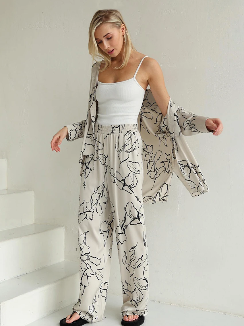 Marthaqiqi Printing Women'S Pajamas 2 Piece Set Turn-Down Collar Nightwear Long Sleeve Sleepwear Pants Causal Nightgowns Suits