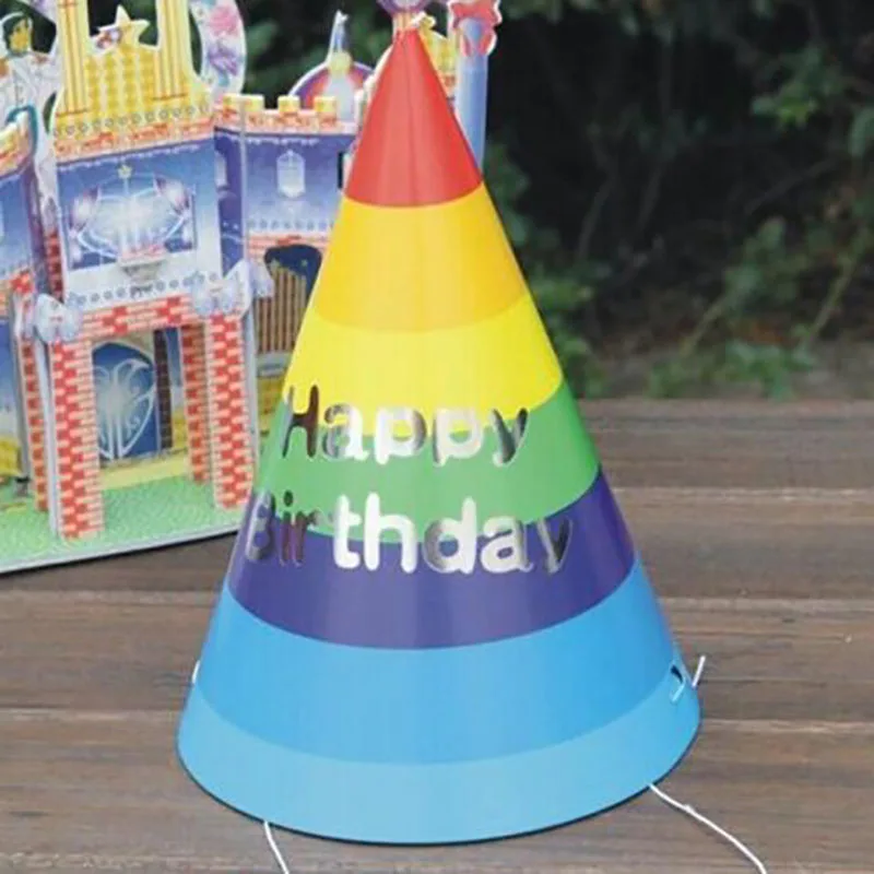 10 bunte gestreifte Kegelhüte, Happy Birthday Partyhüte, Kinderschmuck