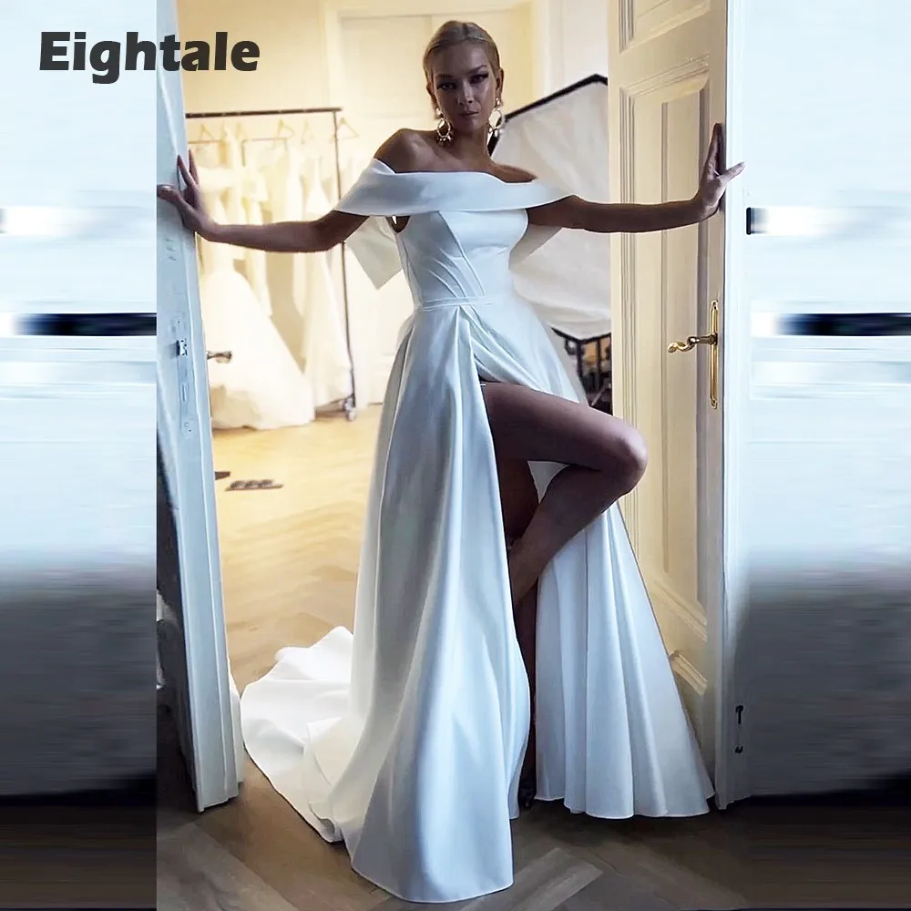 

Eightale Boho Wedding Dress Satin Strapless High Side Slit A-Line Bridal Gowns White Ivory Custom Made vestidos de novia