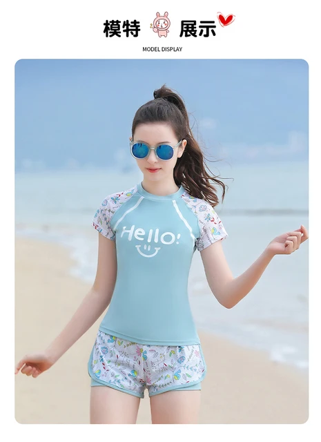 Girl Two Piece Swimsuit Teenager Girls Short Sleeve Shirt And