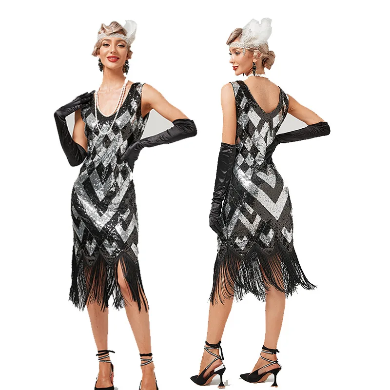 1920s Vintage Sequin Tassel Dress Party Dance Dress Host Sequin Dress Toasting Party Women Clothing Evening Streetwear Frock Y2k