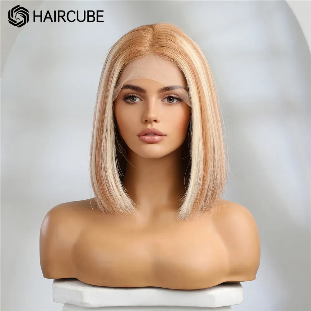 HAIRCUBE 12inch Honey Brown Blonde Highlight Human Hair Wig 13&times;5&times;1 Bob Lace Front Wig Shoulder Long Middle Part Wigs for Women