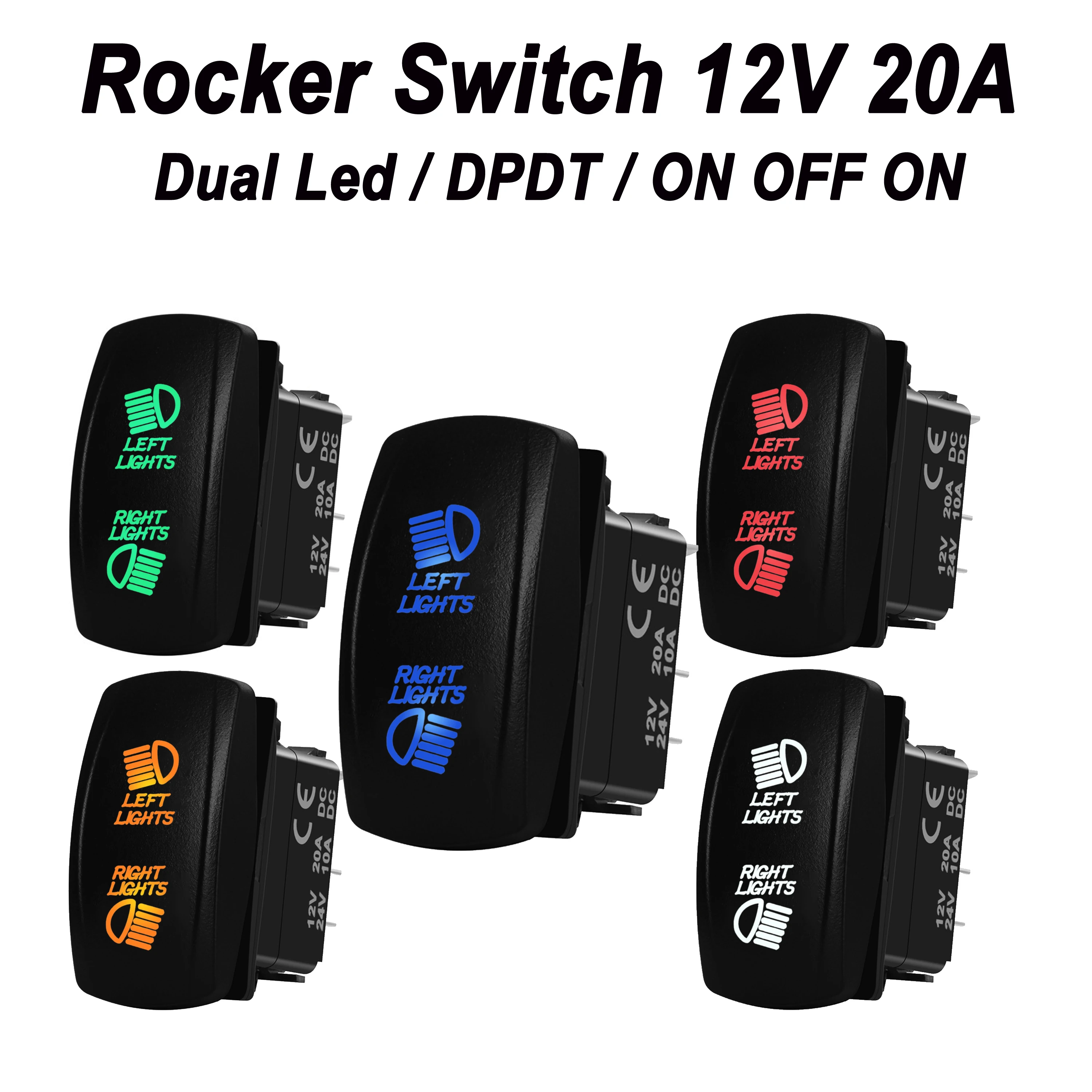 

12V LEFT LIGHTS & RIGHT LIGHTS Rocker Switch 7Pin DPDT ON OFF ON Blue Led For Car Camper Boat Caravan Waterproof IP68