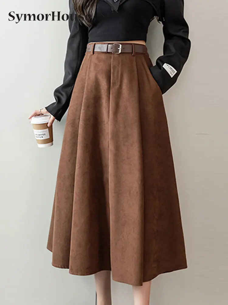 

Spring Autumn Winter Loose A-Line Skirts For Women High Waist Pleated Skirts With Belt Fashion Casual Streetwear Skirt Female