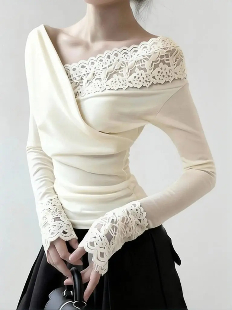 Sexy Patchwork-Spitzen-One-Shoulder-T-Shirt für Damen, Beige, Lässig, Langarm, Basic-Tees, Vintage, Koreanischer V-Ausschnitt, Off-Shoulder-Tops