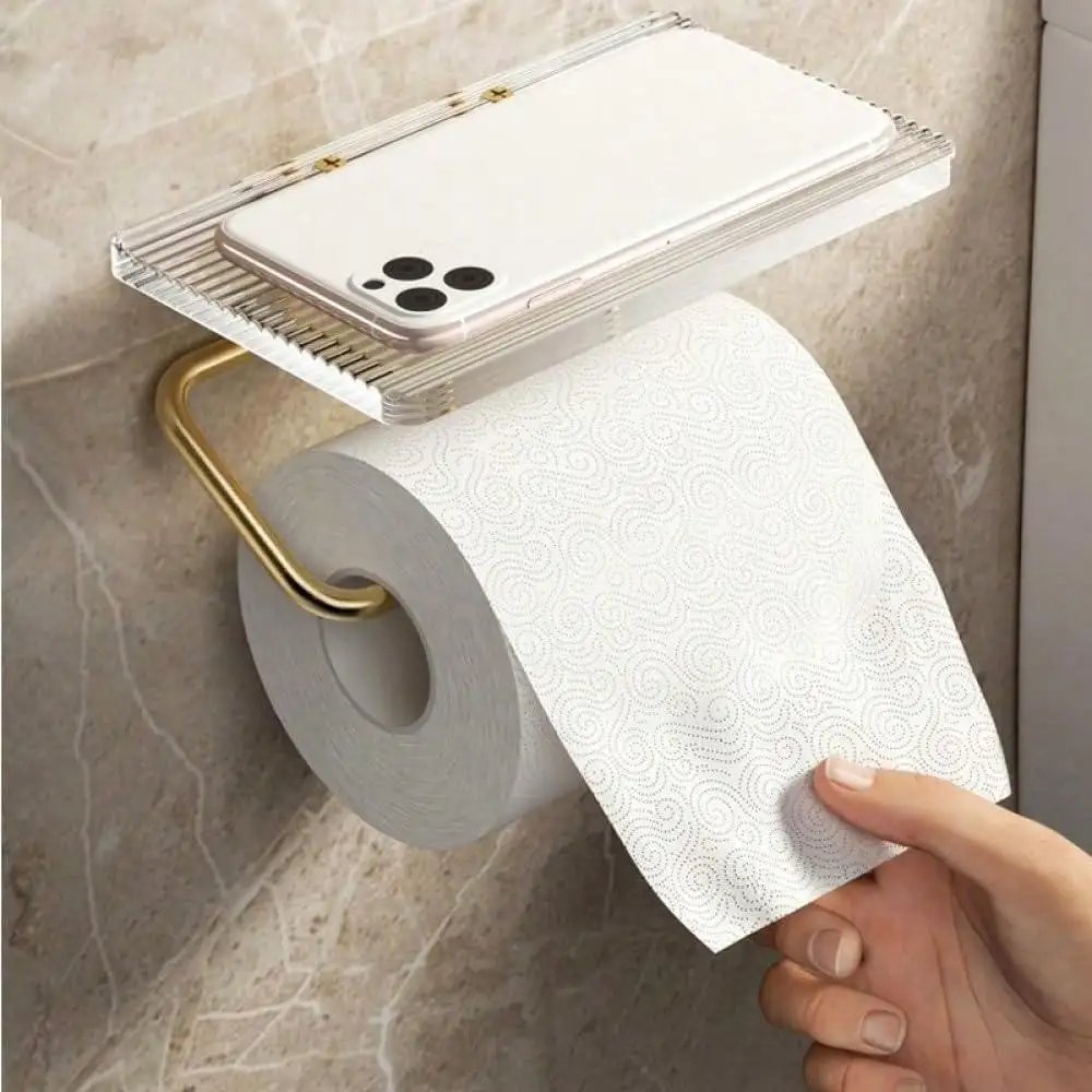 Toilet Paper Holder with Phone Shelf Bathroom Toilet Paper Roll Holder Acrylic Roll Paper Holder Tissue Hanger Phone Holder 2