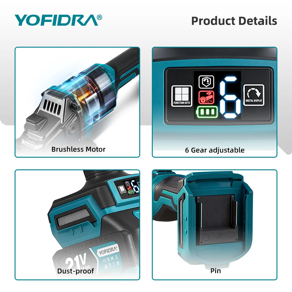 YOFIDRA 6-Gang Bürstenloser Elektrischer Winkelschleifer 30000 U/min Metall- und Holzschleifer Poliermaschine Schneidwerkzeug für Makita-Akkus – Detail 12