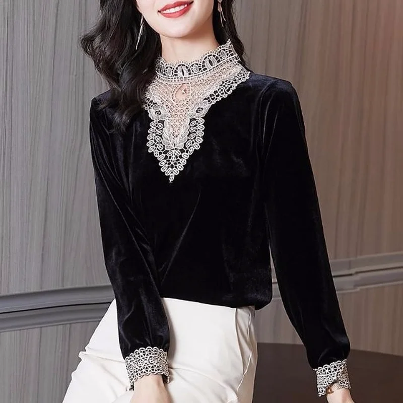

French golden velvet long sleeve shirt female 2023 spring loose thin top cloth hollow embroidered flower stand t-shirt blouse