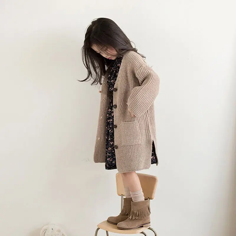 아이들 소녀용 롱 니트 가디건 2025 신상 가을 겨울 면 스웨터 프린세스 라이트 카키 브이넥 재킷 코트