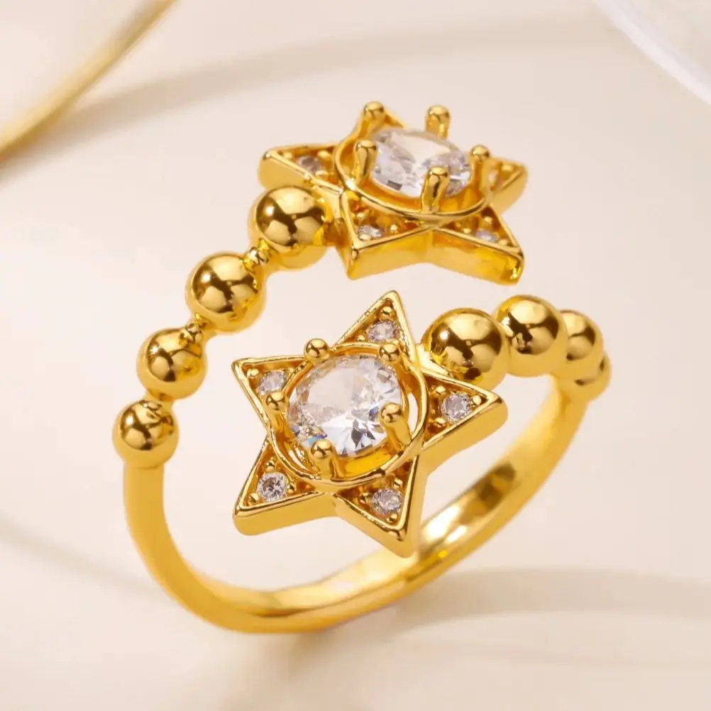 Zircon Double Star Rings for Women Gold Color Stainless Steel Crystal