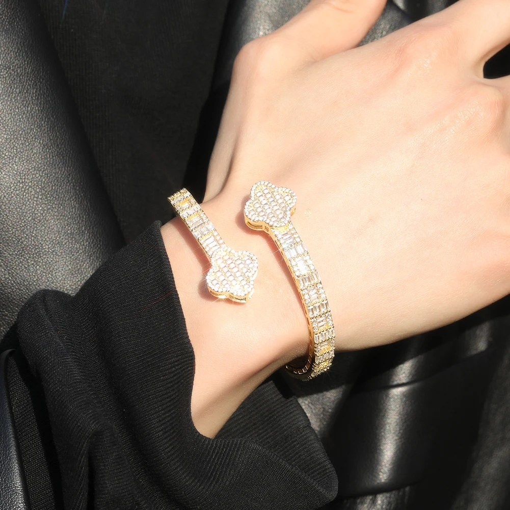 THE BLING KING Double Four Leaf Clover Cuff Bracelet For Women Prong Setting Baguette Cubic Zirconia Bangle Luxury Y2K Jewelry 6