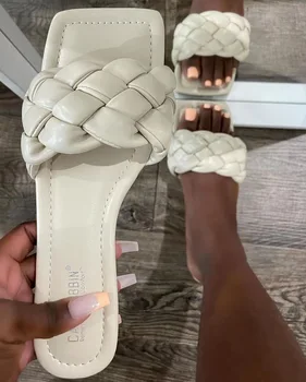 2024 estate donna nuova testa quadrata fondo piatto tessuto in linea sandali/pantofole da spiaggia di grandi dimensioni da donna pantofole per il tempo libero all-match 1