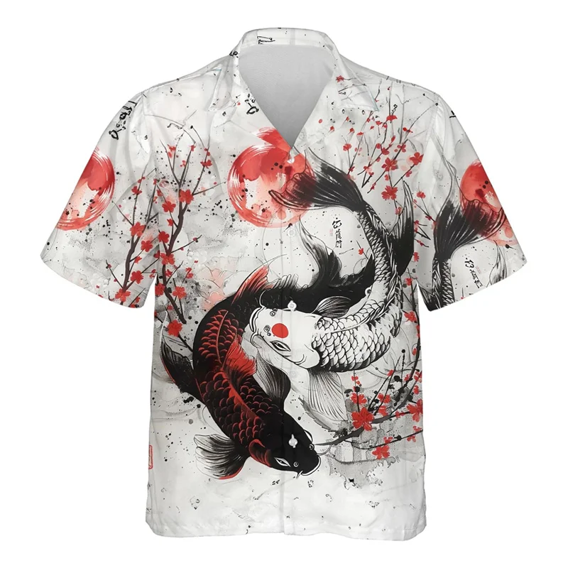 Camisa hawaiana con estampado 3D de peces koi para hombre, blusas con estampado de animales de buena suerte, camisas hawaianas de verano para la calle, blusas con solapa y mangas cortas