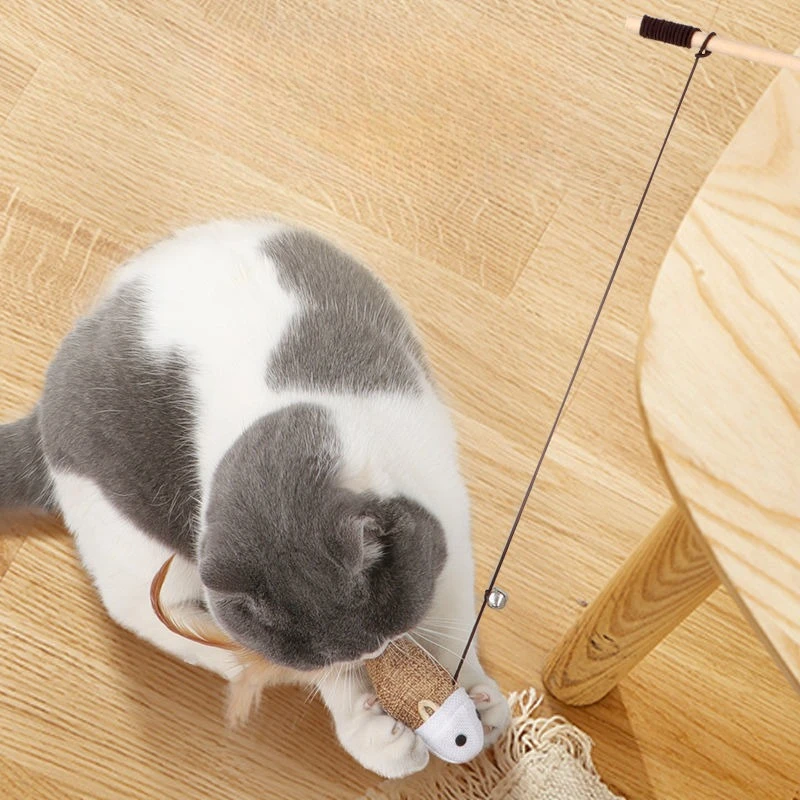 Wooden pole cat teasing stick cat pet interactive toy cloth mouse kitten feather sisal cat teasing artifact