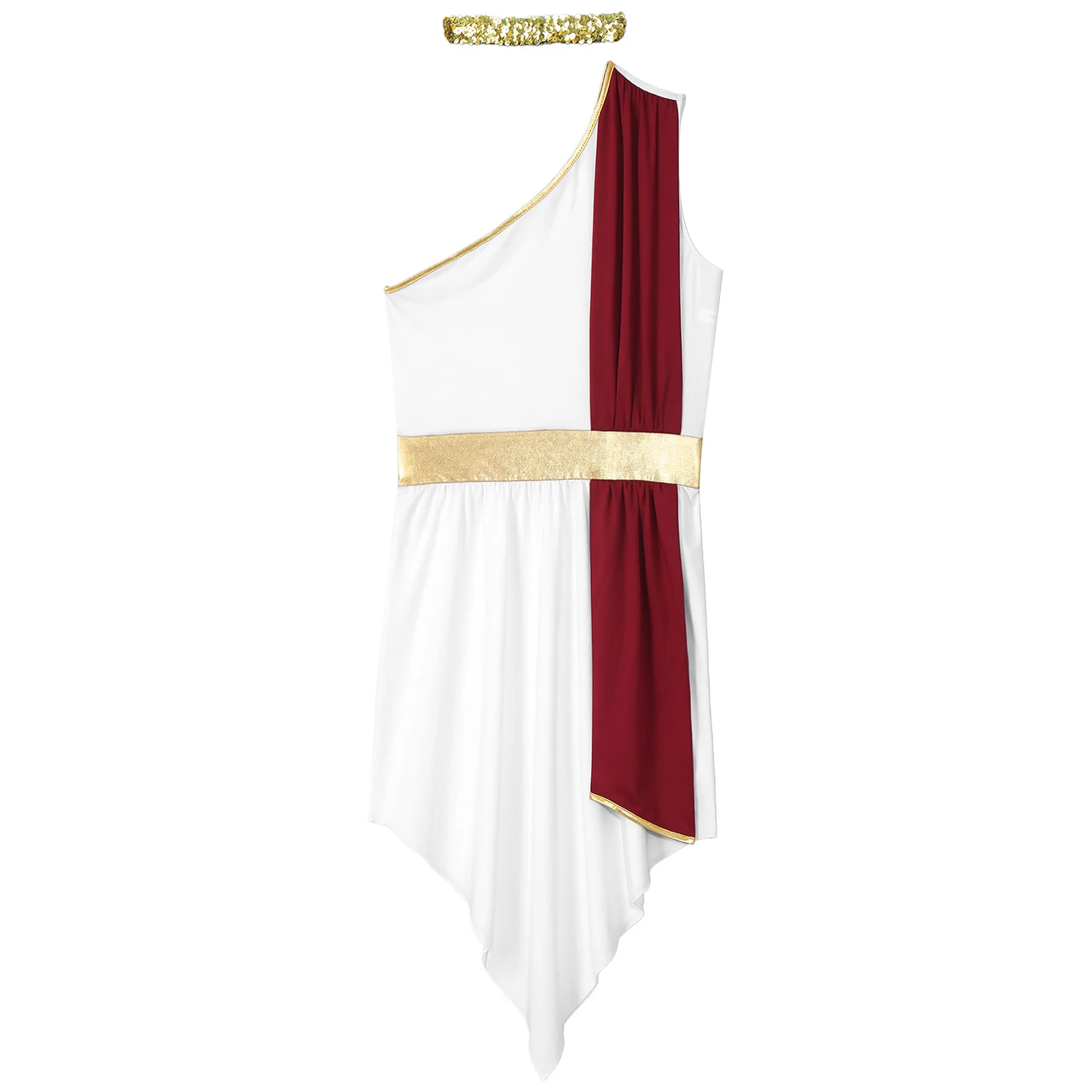 Womens Halloween Ancient Greek Roman Godess Cosplay Costume One Shoulder Dress with Headband Cleopatra Role Play Toga Robe