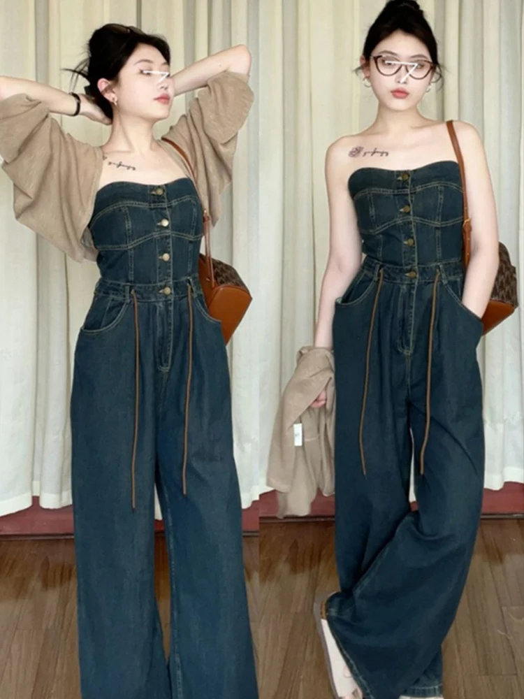 

Women Fashion Denim Off Shoulder Corset Blue Casual Long Jumpsuits Woman Streetwear Overalls Backless Jean Jumpsuit 4XL