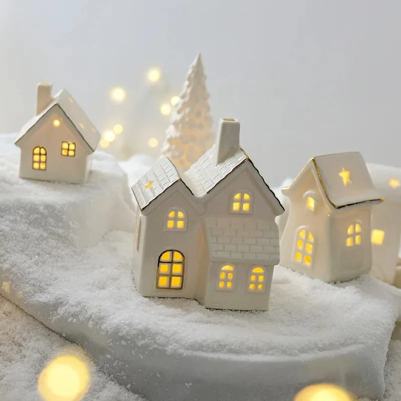 Miniature Christmas Village Houses Decor Snowflake LED Glowing Castle White Porcelain Desktop Ornament Christmas Decorations