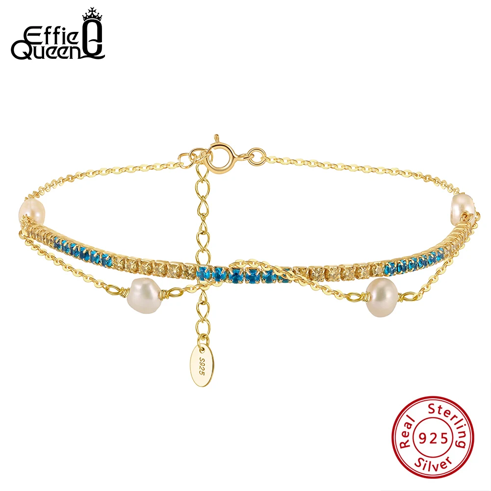 

EFFIE QUEEN 925 Sterling Silver CZ Double Layer Gold Bracelet for Women Pearl Beads Tennis Chains Beach Bracelet Jewelry GPB26