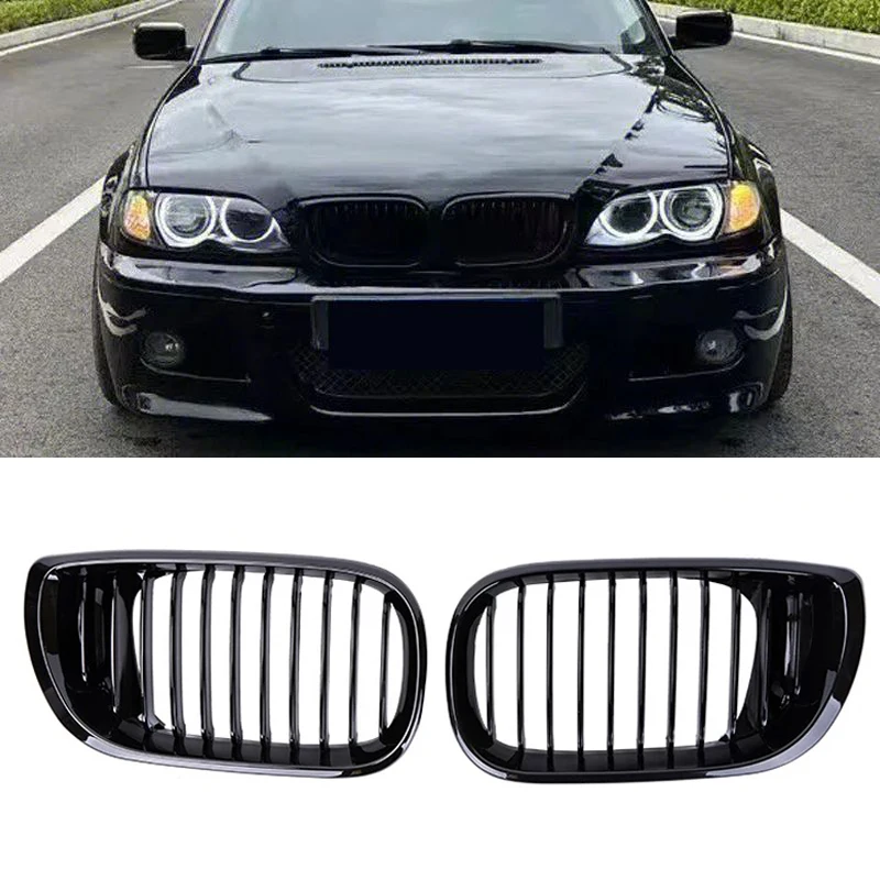 Car Front Kidney Grill Gloss Black Single Slat Hood Grille Racing Grills for BMW 3 Series E46 4 Door 2002-2005 Car Replacement