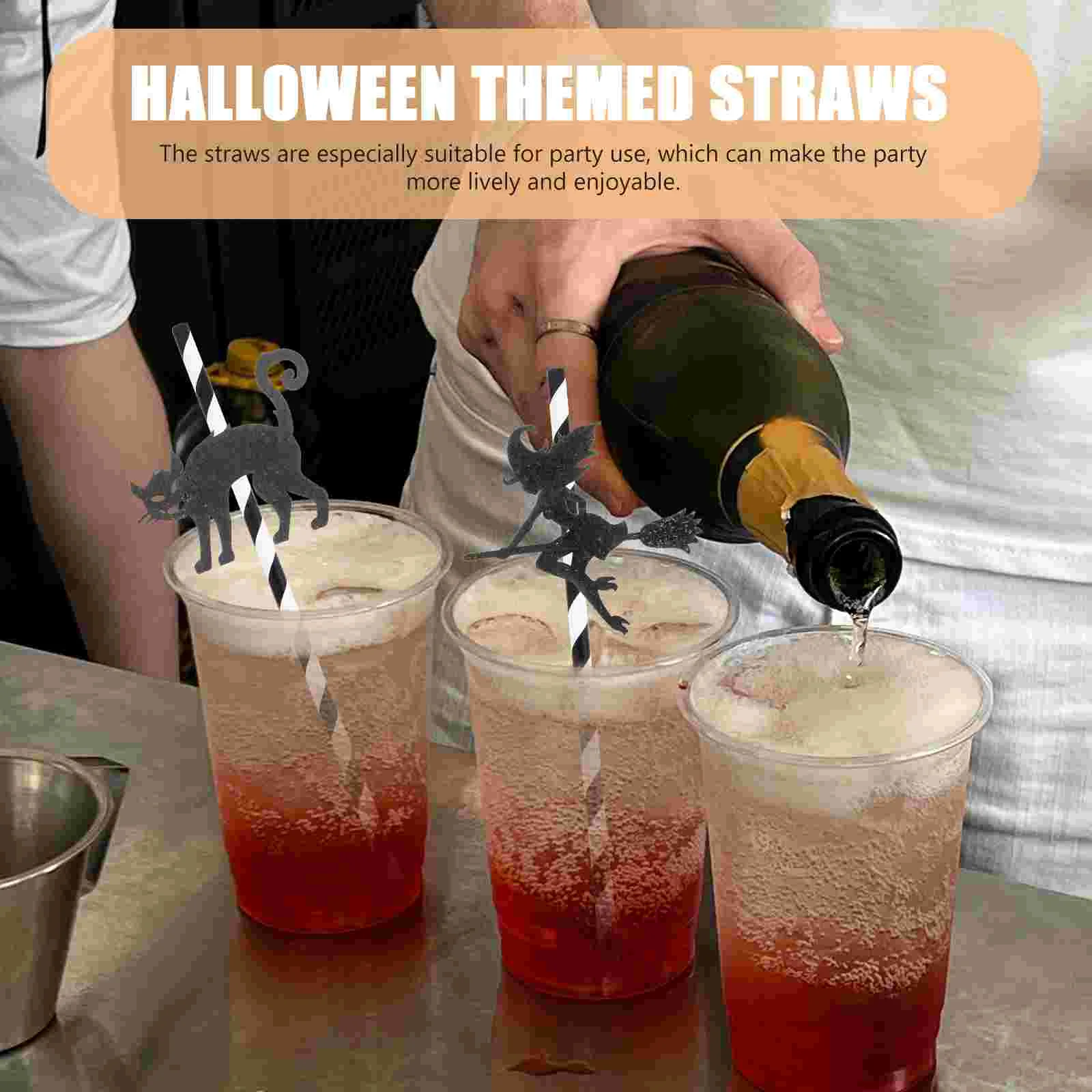 Halloween Themed Straws Skull Bat Decorations Paper Cartoon Beverage Juices Drinking Tools Party Supplies Straw Accessories