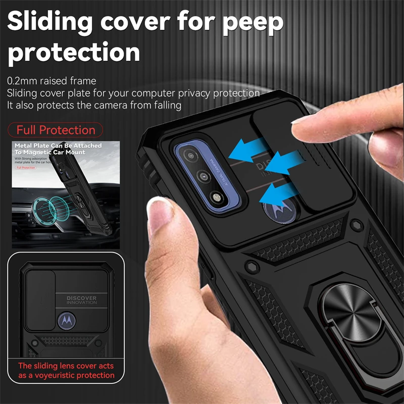 

For Motorola Moto G Play 2023 Case Slide Lens Shockproof Armor Phone Case For Motorola G Pure G Power 2022 Ring Stand Back Cover