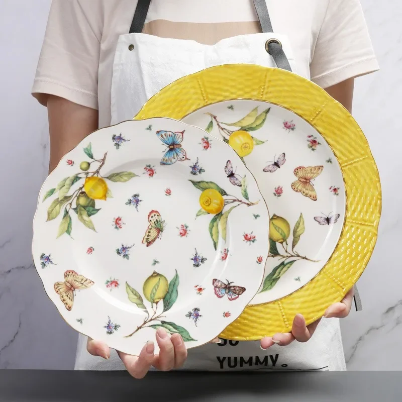 Ceramic Dinner Plate Set with Lemon Pattern for Western Cuisine