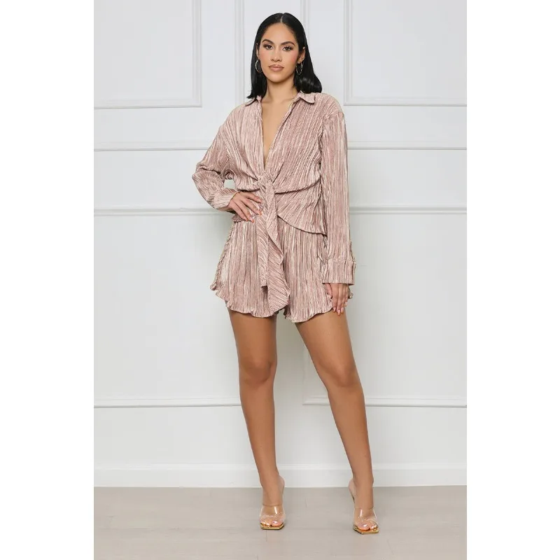 

Long Sleeves Shirts Top Fashion Pleated Shorts Y2K Casual Tied Shirt Top Women Summer Short Pants Sexy Two-Piece Set