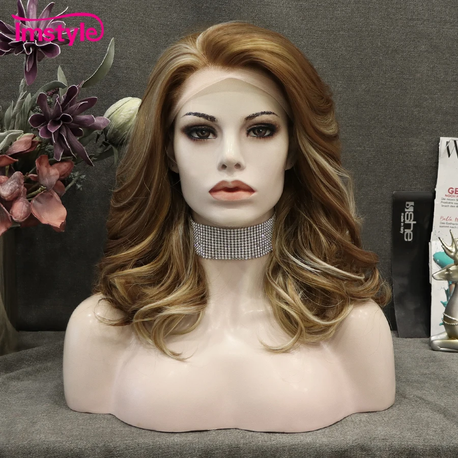 

Imstyle Brown Wig Highlight Blonde Wig Synthetic Lace Front Wig Natural Wavy Wig Heat Resistant Fiber Cosplay Wig 16 inch