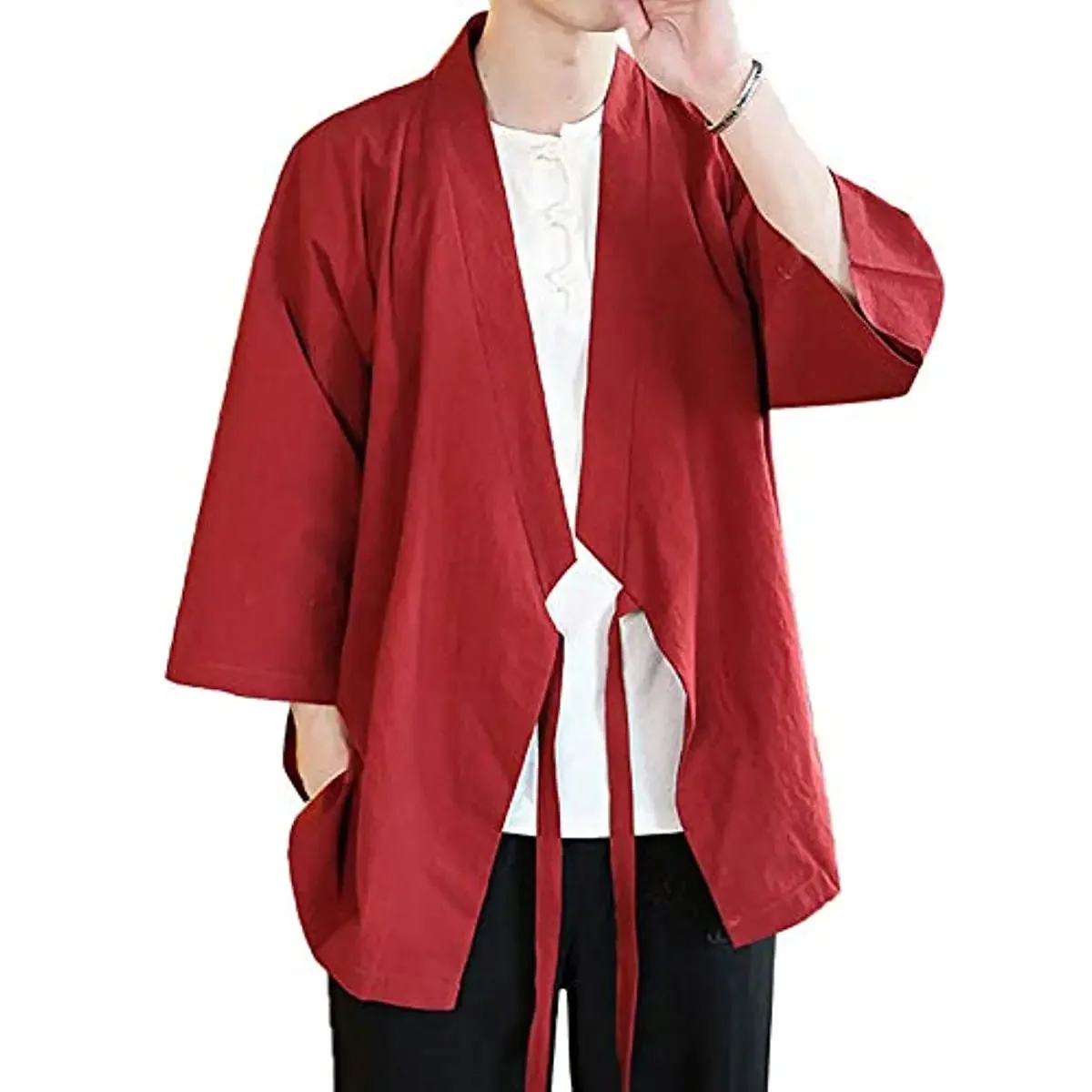 Men's Chinese Style Linen Cardigan Jacket Loose Kimono Jacket Solid Color Self-tie Hanfu Traditional Clothing 5XL