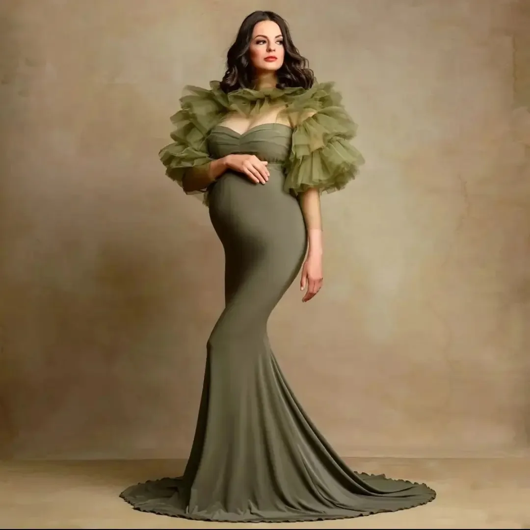 

Green Maternity Dresses for Photoshoot Mermaid Vestidos De Gala Tiered Ruffles Short Sleeves Pregnant Babyshower Gowns