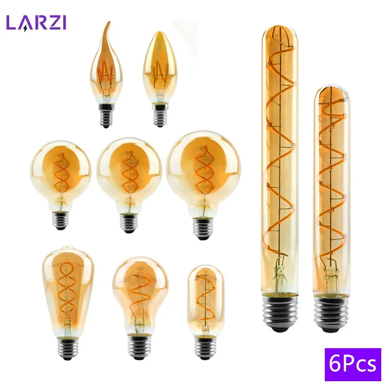 6pcs/lot LED Filament Bulb C35 T45 ST64 G80 G95 T225 Spiral Light AC 220V 4W Retro Vintage Lamps Decorative Lighting Edison Lamp