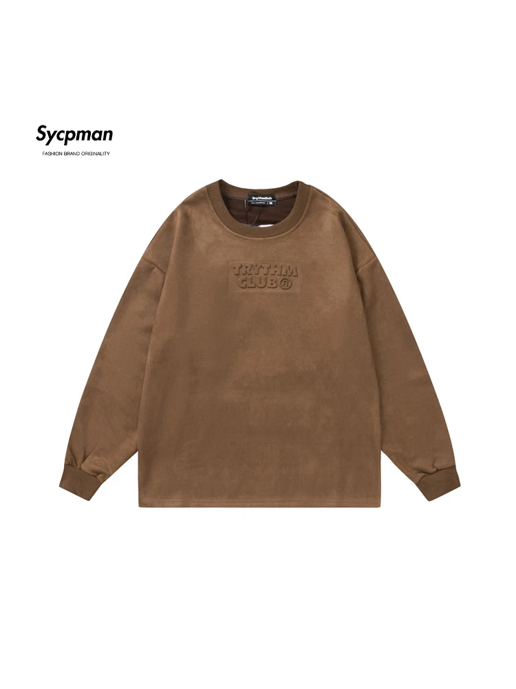 

Sycpman American Style Embossed Suede Long Sleeve Sweater for Men and Women Autumn Retro Loose Top Casual Sweatshirt